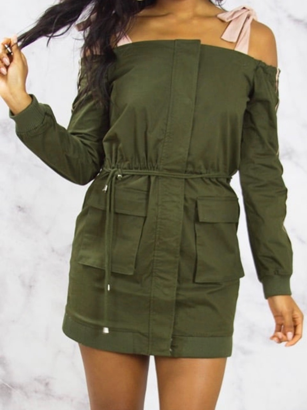 Endless Rose Olive Green Off-Shoulder Camo Style dress with Pink Tie Straps, szM